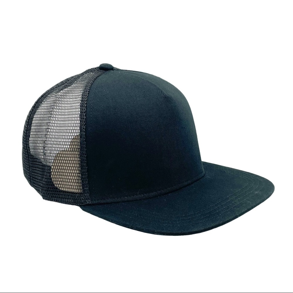 BLACK Flat Billed Trucker Hat Baseball Cap with part Mesh